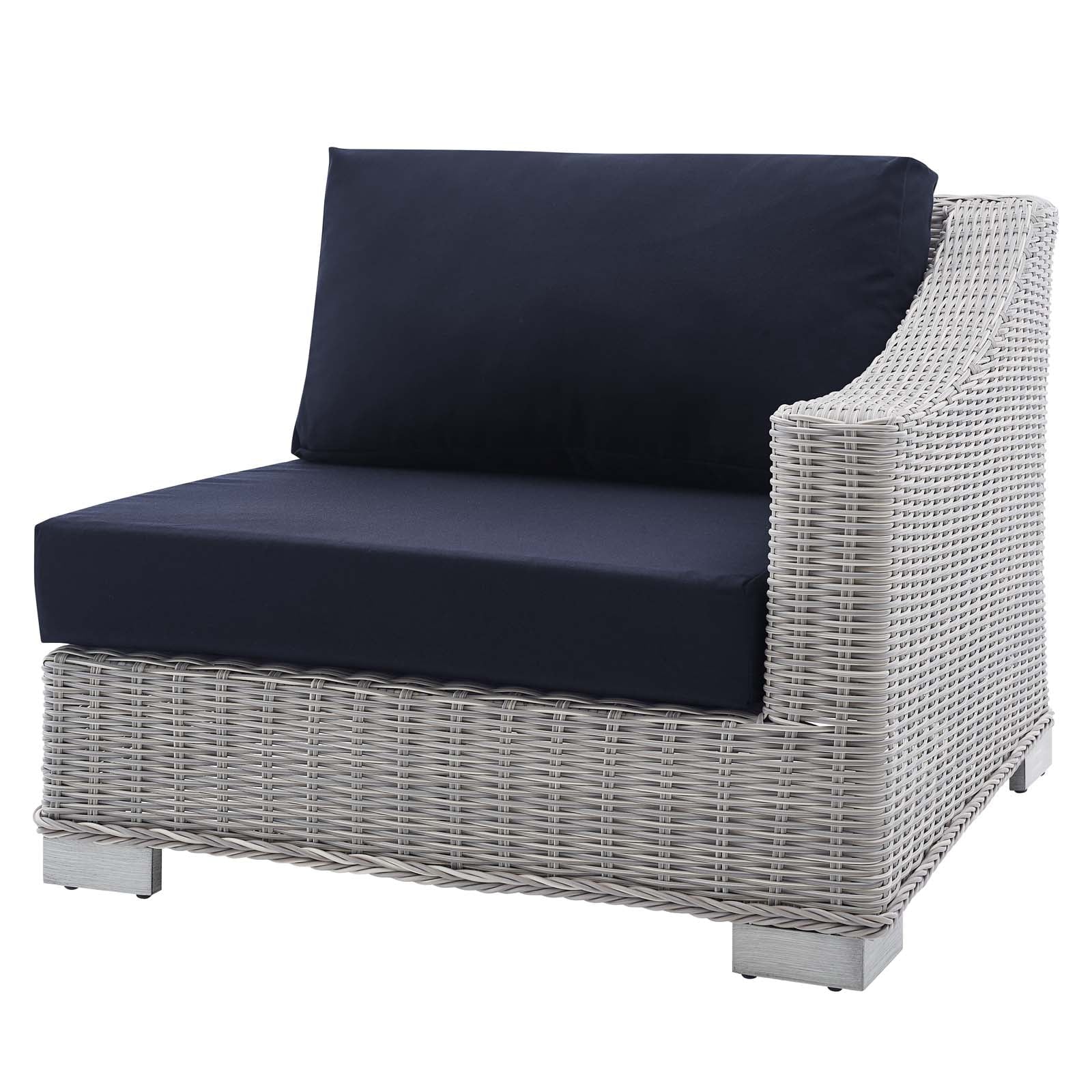 Lounge Sectional Sofa Chair Table Set, Rattan, Wicker, Light Grey Gray Blue Navy, Modern Contemporary Urban Design, Outdoor Patio Balcony Cafe Bistro Garden Furniture Hotel Hospitality