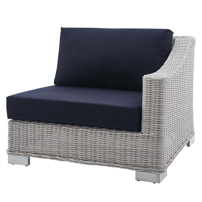 Lounge Sectional Sofa Chair Table Set, Rattan, Wicker, Light Grey Gray Blue Navy, Modern Contemporary Urban Design, Outdoor Patio Balcony Cafe Bistro Garden Furniture Hotel Hospitality