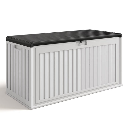 100 Gallon Resin Deck Box, Asofer Lockable Patio Outdoor Storage Box, Garden Tools Storage, Beige/Brown