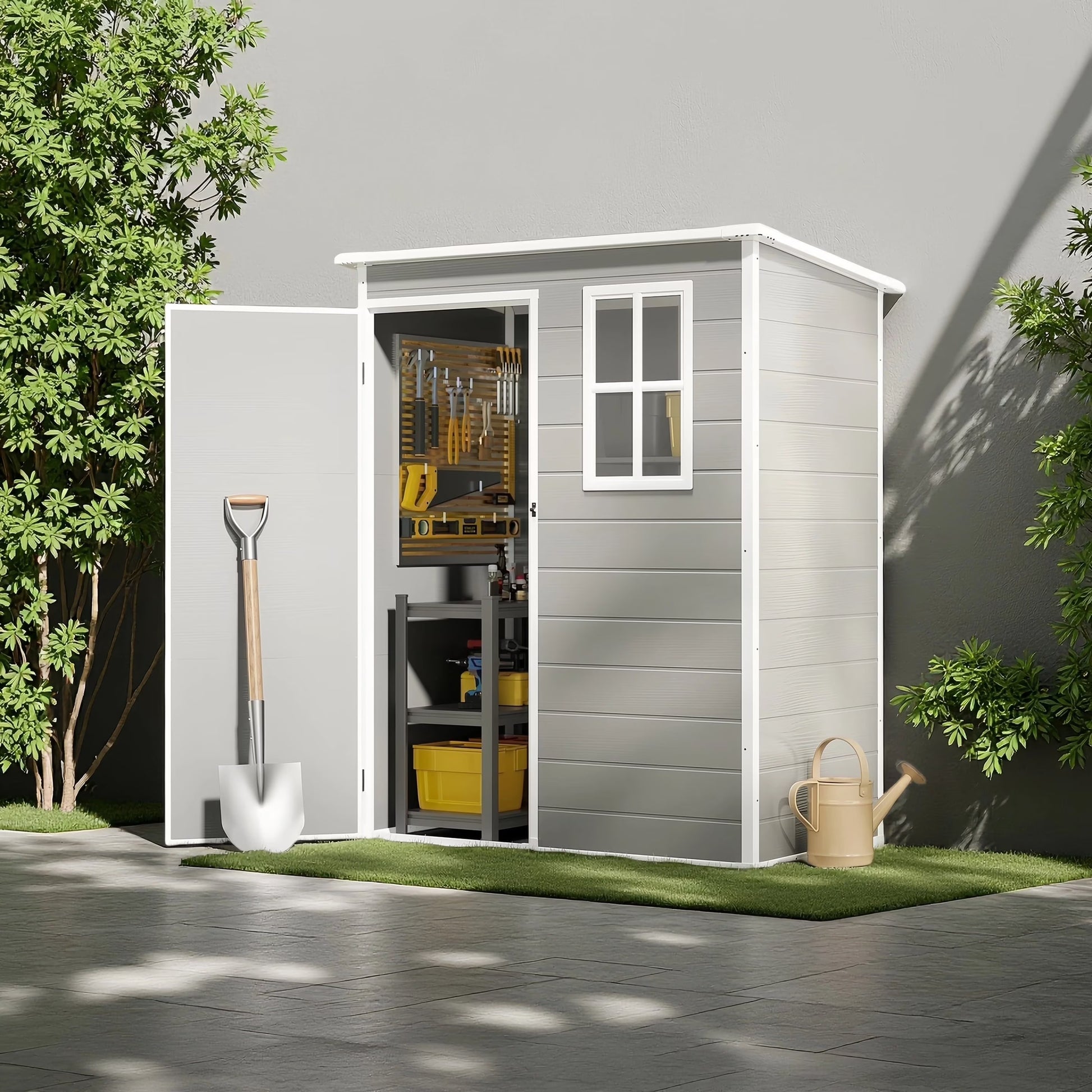 Asofer 6x4 FT Resin Storage Shed, Plastic Outdoor Shed with FloorSide Window, Lockable Door for Backyard, Garden, Patio, Gray