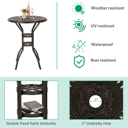 VIVIJASON 30.8" Round Cast Aluminum Patio Bar Table with Umbrella Hole, Antique Bronze