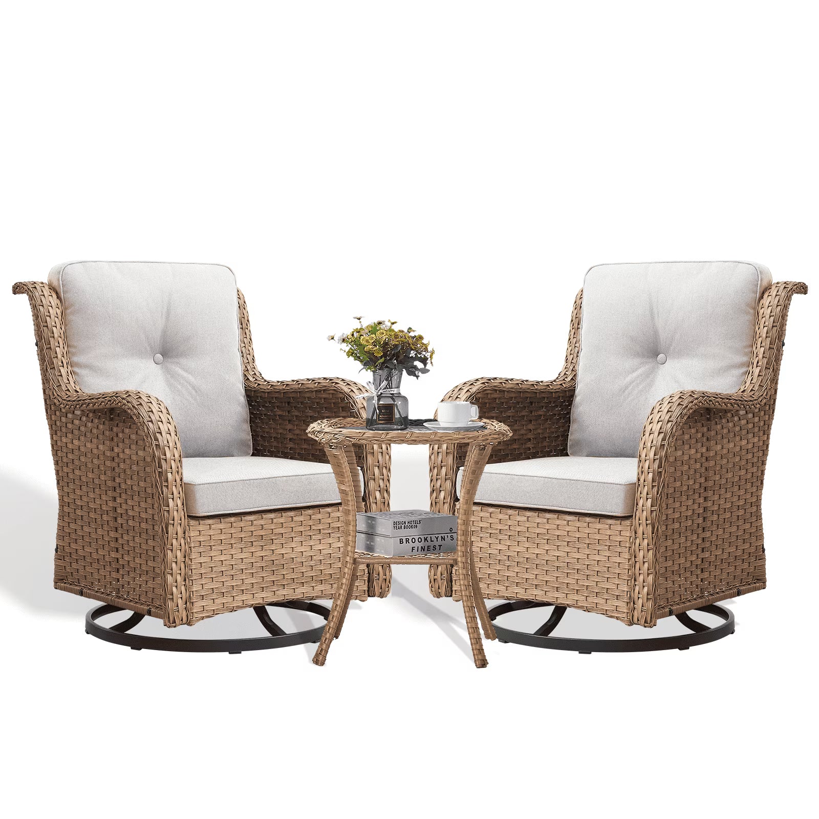 POCASSY 3 Piece Patio Set Outdoor Wicker Glider Rocking and Swivel Chairs with Cushions