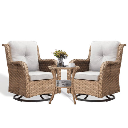 POCASSY 3 Piece Patio Set Outdoor Wicker Glider Rocking and Swivel Chairs with Cushions
