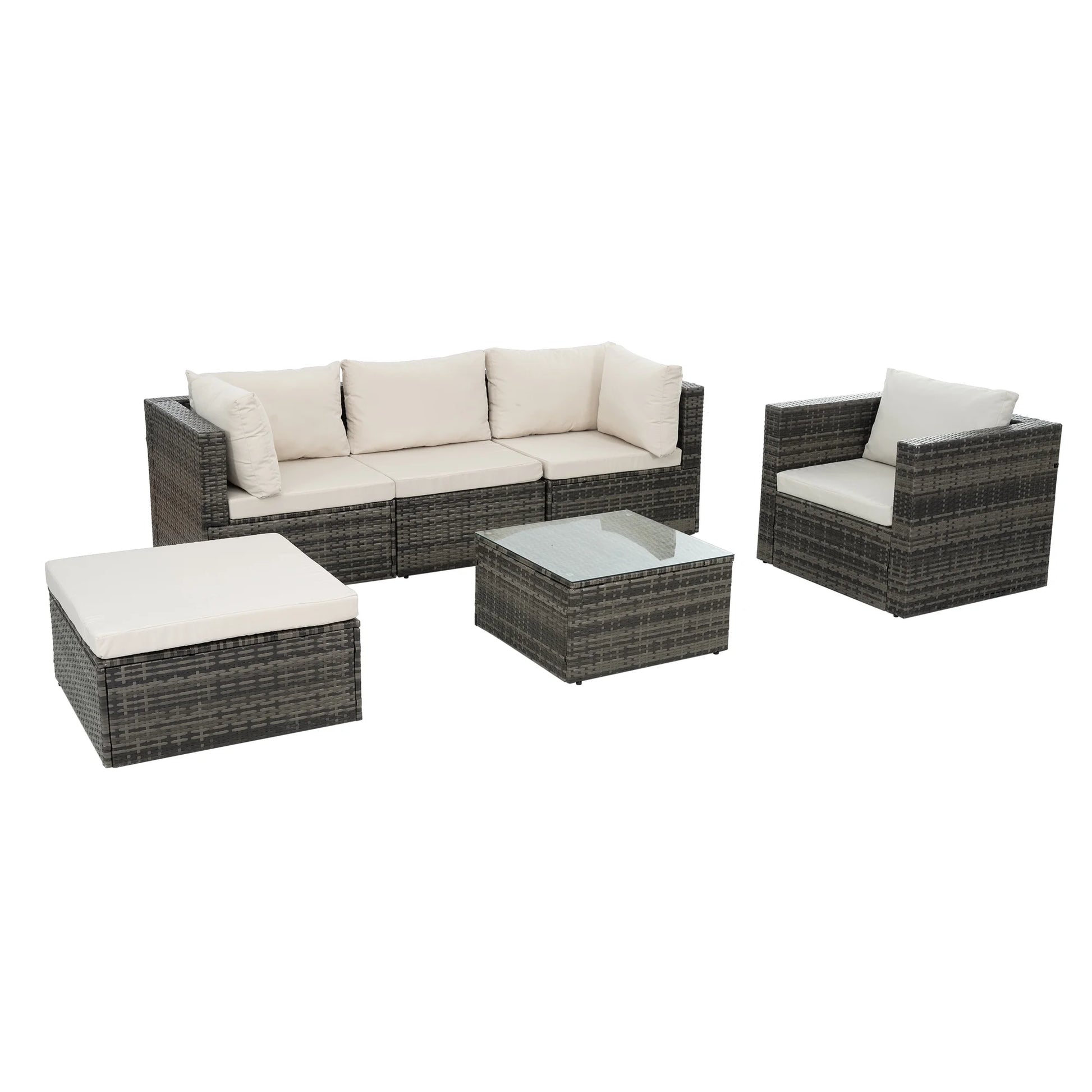 Highsound 6 Piece Patio Furniture Sets, All Weather PE Wicker Rattan Outdoor Sectional Sofa Conversation Couch with Glass Table, Cushions and Ottoman, for Lawn, Garden, Backyard, Beige