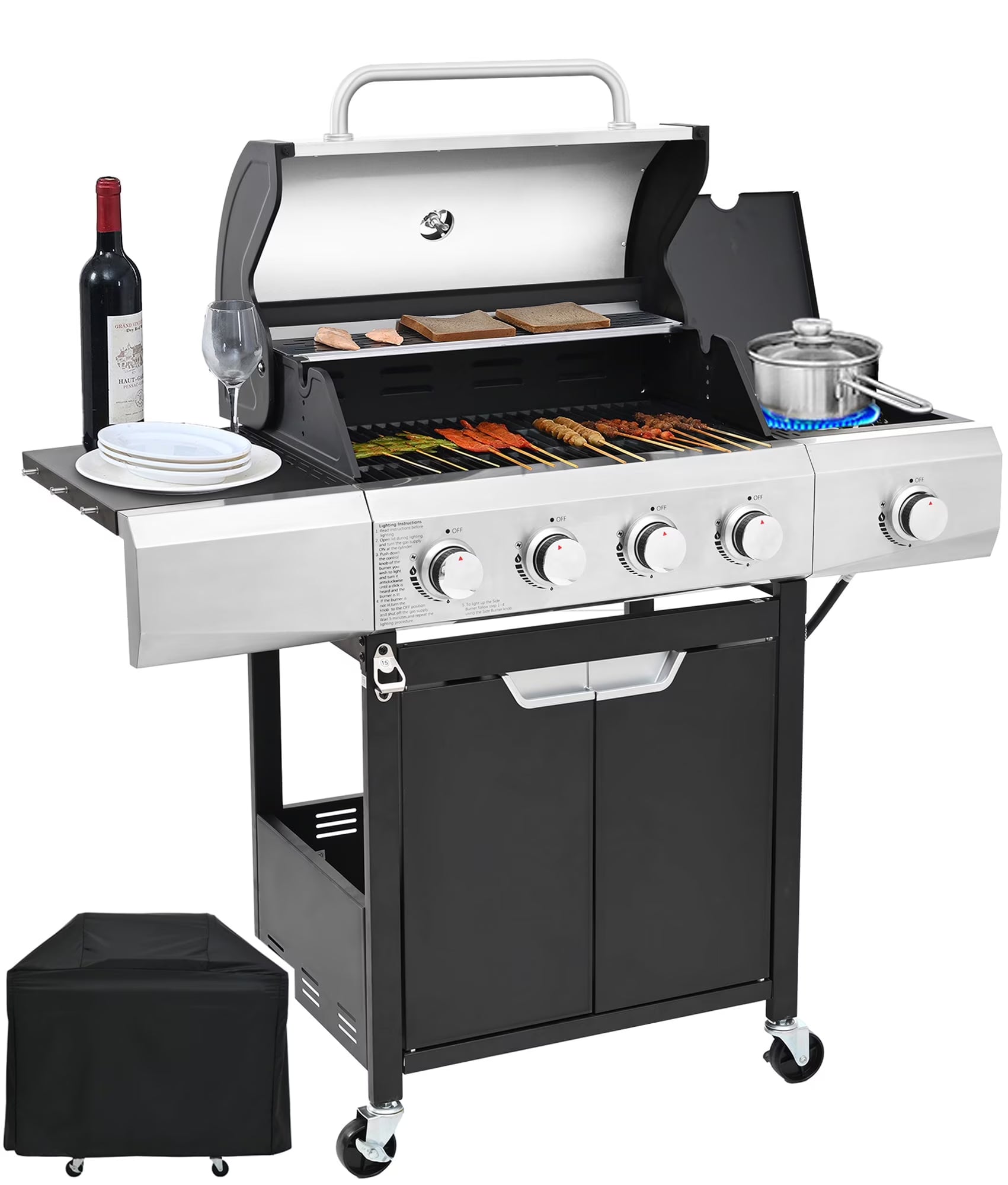 Gas Grill w/Side Burner, 40500BTU Propane Grill with Cover, Stainless Steel Outdoor BBQ 2 Cooking Areas, Portable Grill for Camping Patio