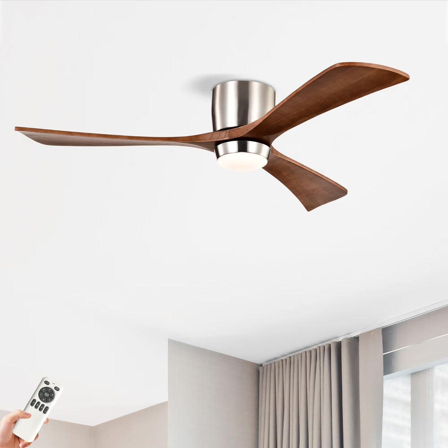 IVV 52 Inch Classic Flush Mount LED Ceiling Fan with Light, Remote Control, Reversible Motor, 6 Speed, 3 Wooden Blades for Bedroom Living Room Patio - Walnut