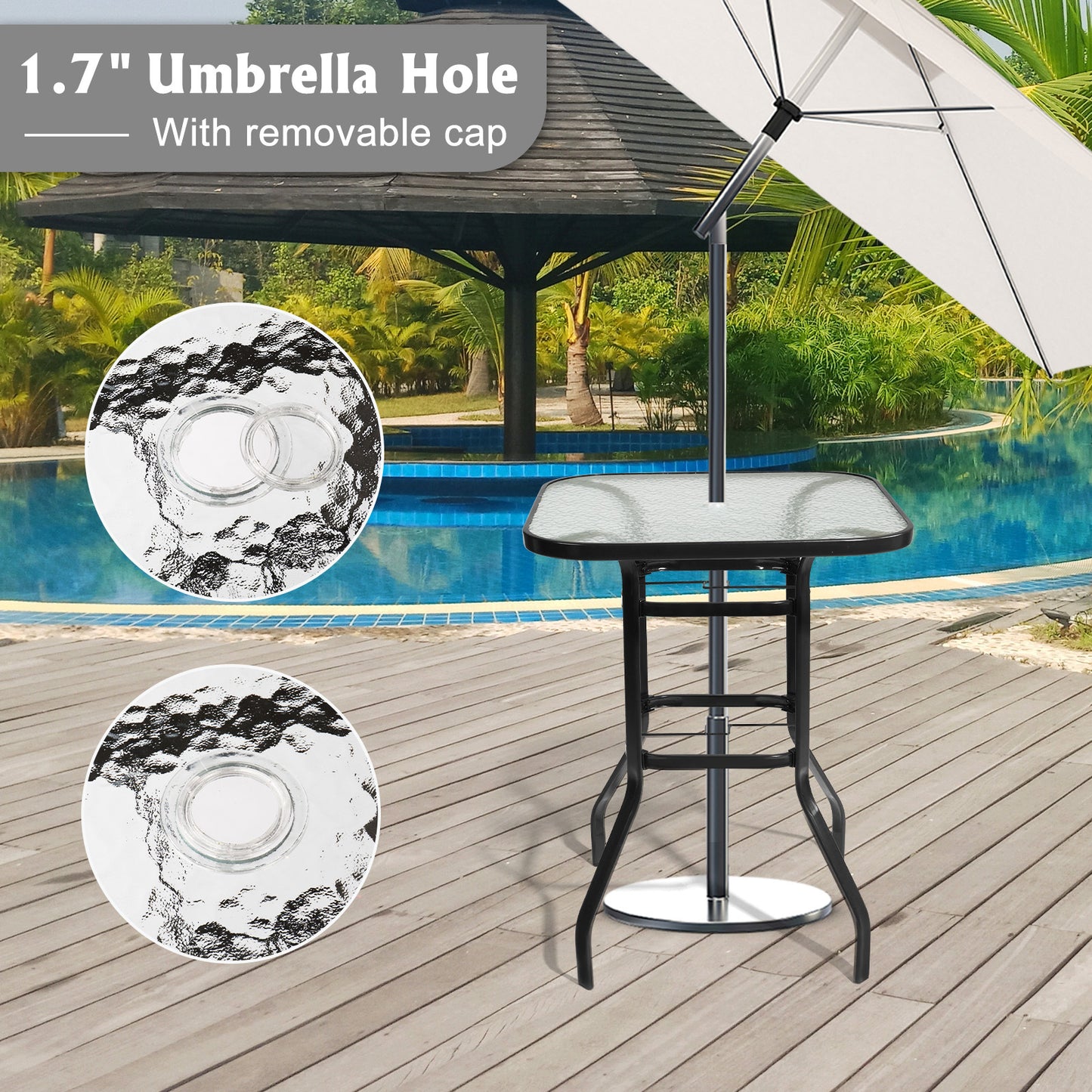 IVV Outdoor Patio Bar Height Bistro Table w/Tempered Glass Top & 1.8" Umbrella Hole & Metal Frame, 31.5"L x 31.5"W x 39.8"H, Black & Clear