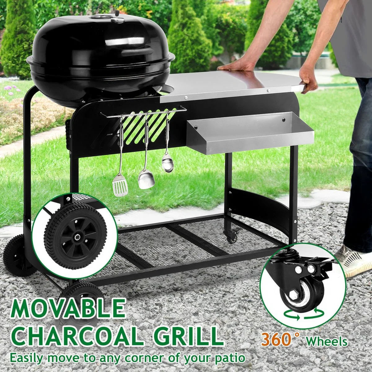 Clearance Enyopro Charcoal Grill! Portable BBQ Charcoal Grill with Porcelain-Enameled Lid and Thermometer for patio, pool, Backyard and camping
