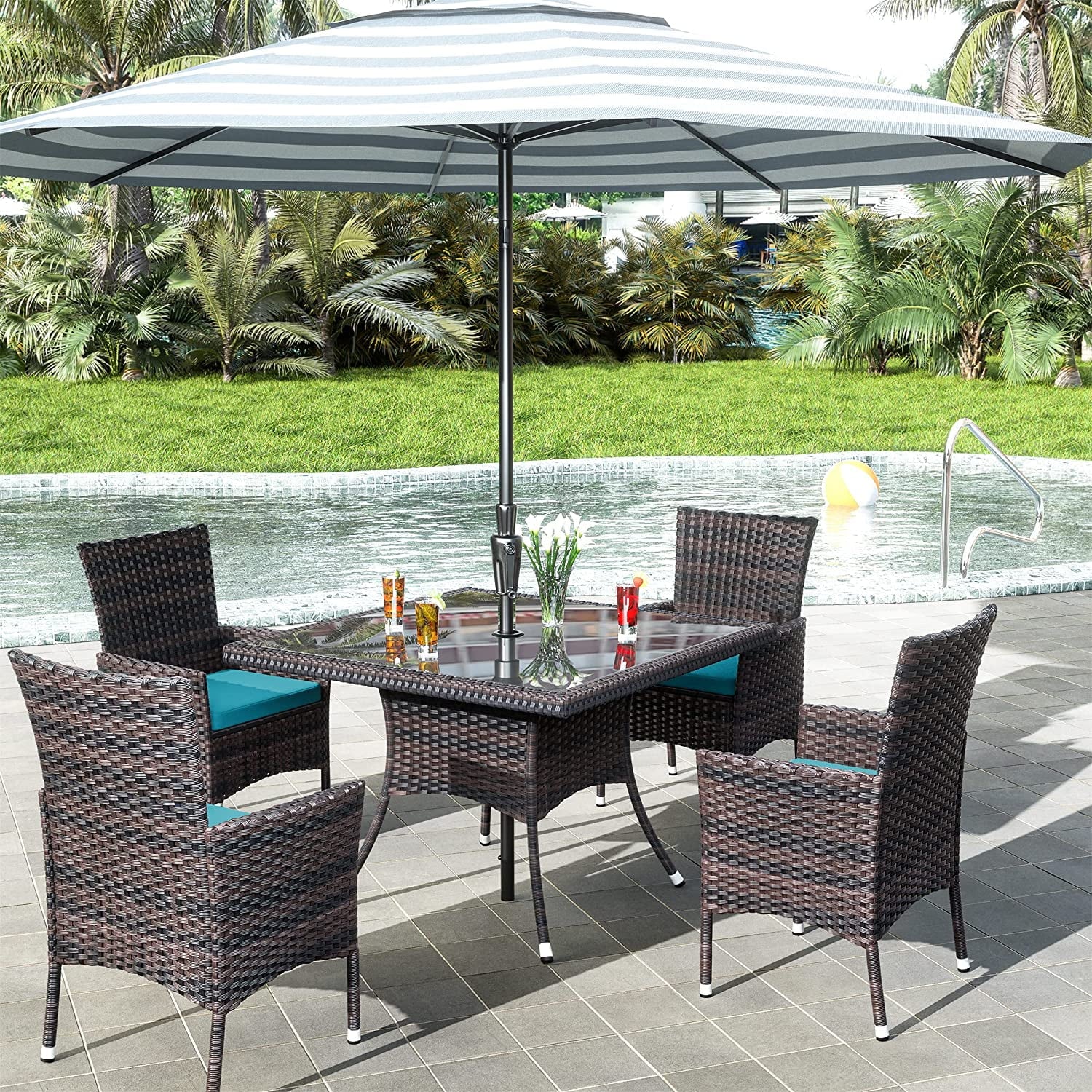 ALAULM 5 Pieces Patio Dining Set Outdoor Rattan Furniture with Square Glass Tabletop 4 Chairs with Cushions for Patio, Backyard Outdoor Kitchen Lawn & Garden Blue