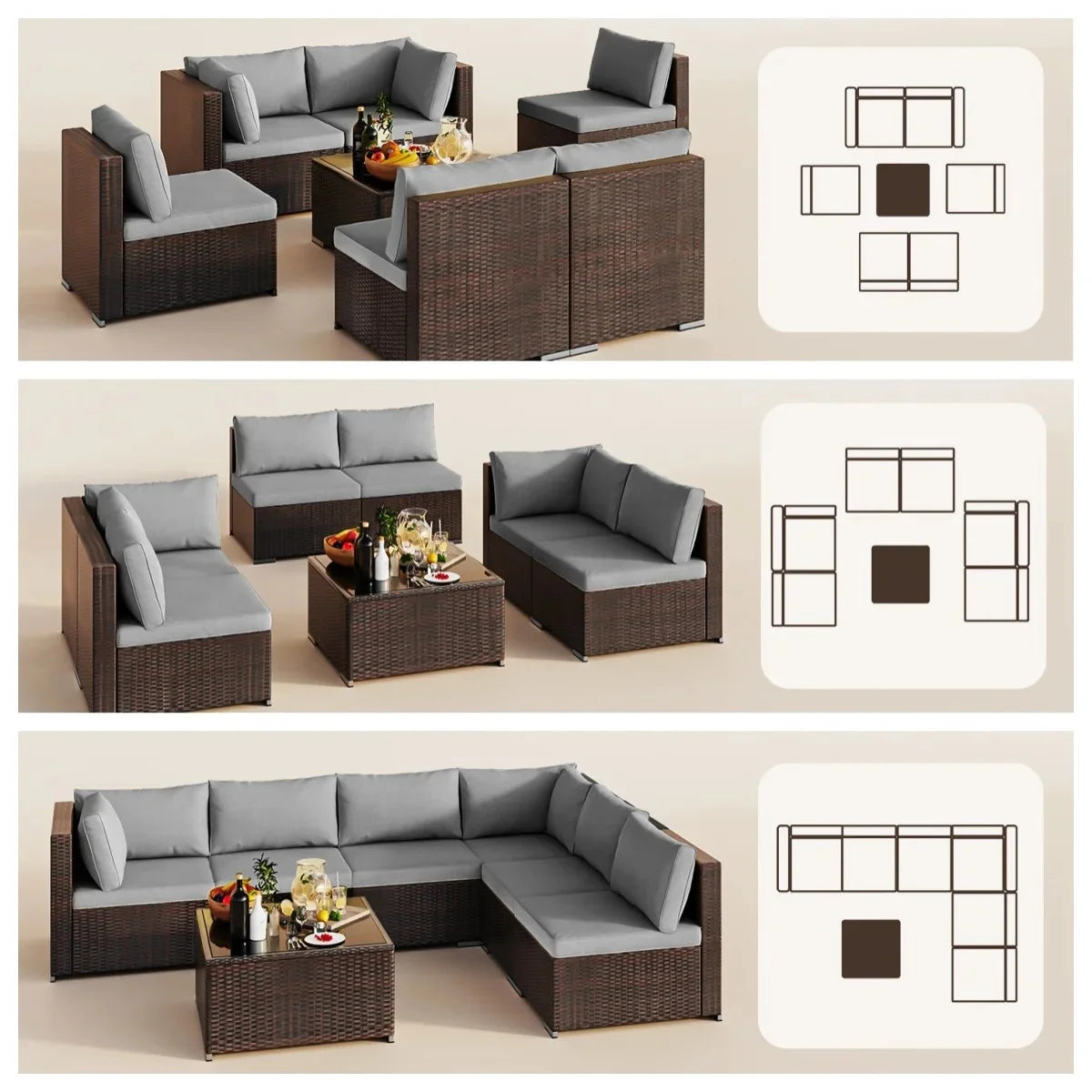 7 Pieces Outdoor Patio Furniture Set, Lofka PE Rattan Sectional Sofa with Tempered Glass Coffee Table & All-Weather Cushions, Patio Conversation Set for Garden, Poolside (Grey)