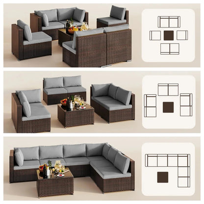 7 Pieces Outdoor Patio Furniture Set, Lofka PE Rattan Sectional Sofa with Tempered Glass Coffee Table & All-Weather Cushions, Patio Conversation Set for Garden, Poolside (Grey)