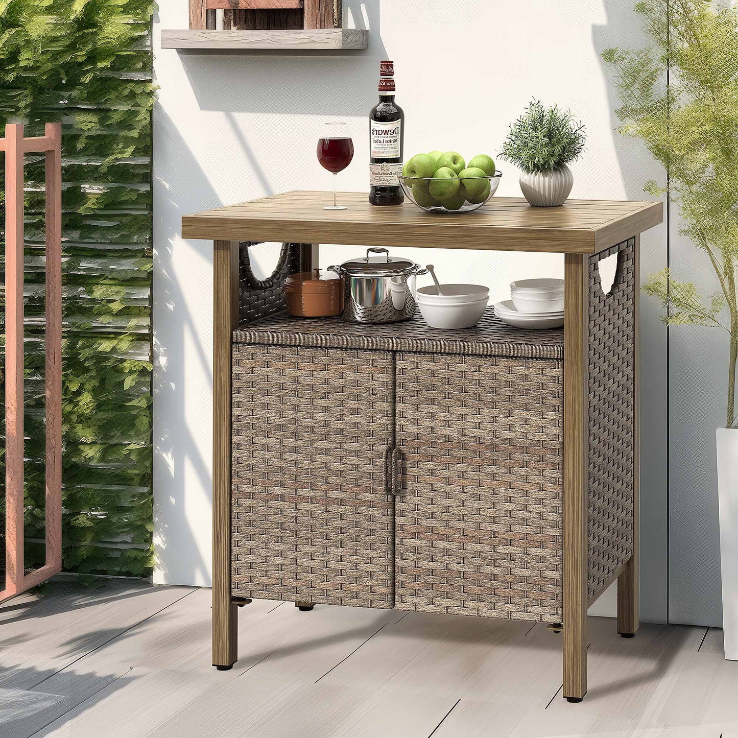 DWVO Outdoor Garden Patio Wicker Storage Cabinet with with 2 Doors and Shelves, Wicker Bar Table, Rattan Counter Table,Deck Box - Brown