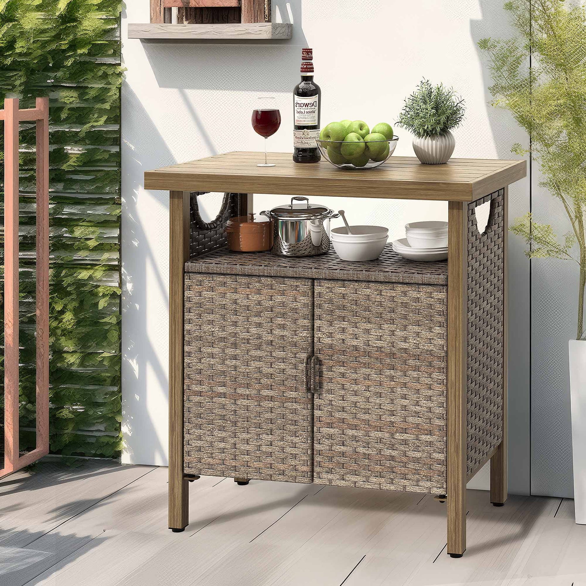 DWVO Outdoor Garden Patio Wicker Storage Cabinet with with 2 Doors and Shelves, Wicker Bar Table, Rattan Counter Table,Deck Box - Brown