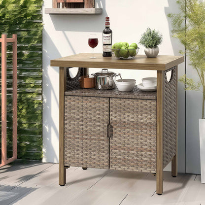 DWVO Outdoor Garden Patio Wicker Storage Cabinet with with 2 Doors and Shelves, Wicker Bar Table, Rattan Counter Table,Deck Box - Brown