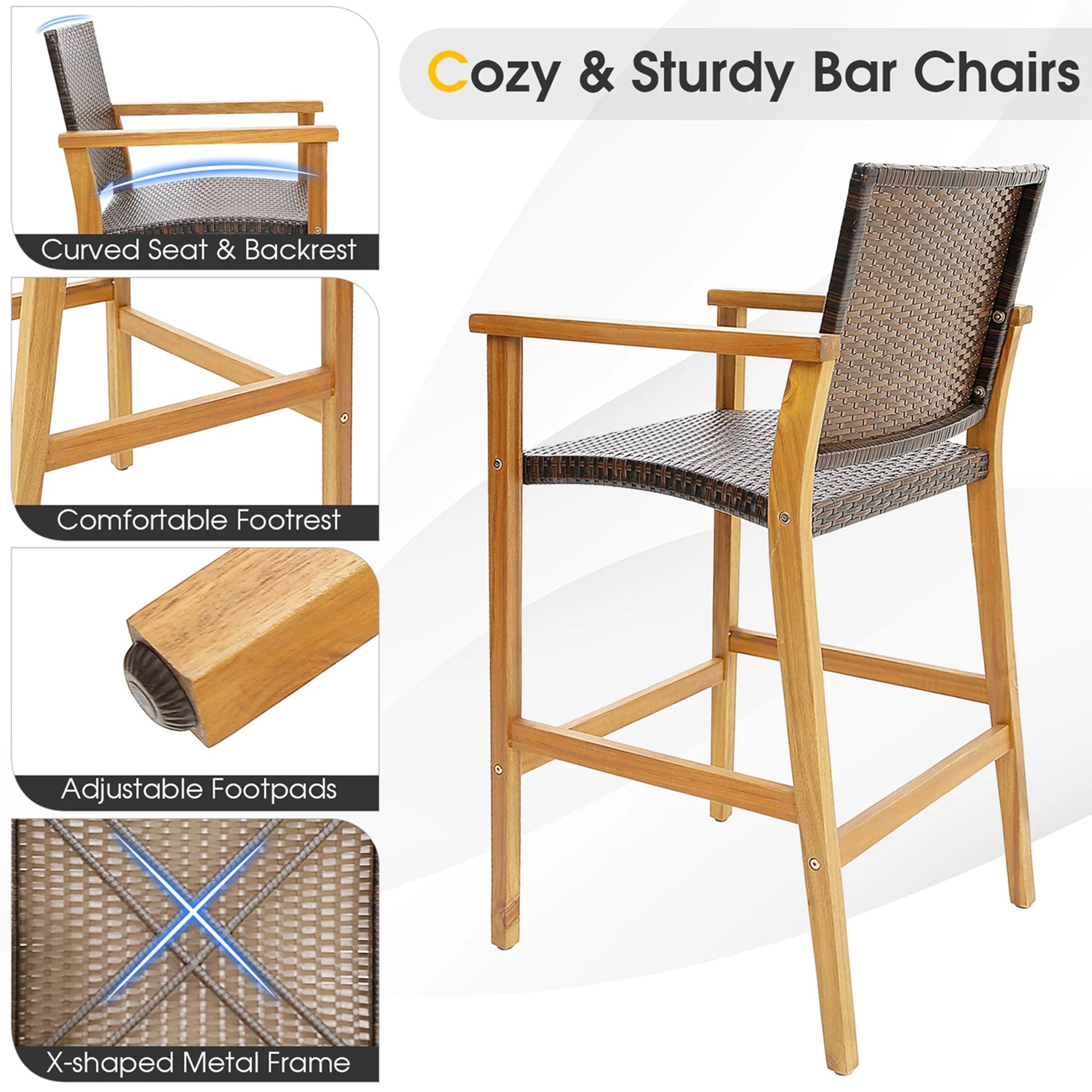 Costway 4PCS Patio PE Wicker Bar Chairs Height Barstools with Acacia Wood Armrests Balcony