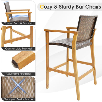 Costway 4PCS Patio PE Wicker Bar Chairs Height Barstools with Acacia Wood Armrests Balcony