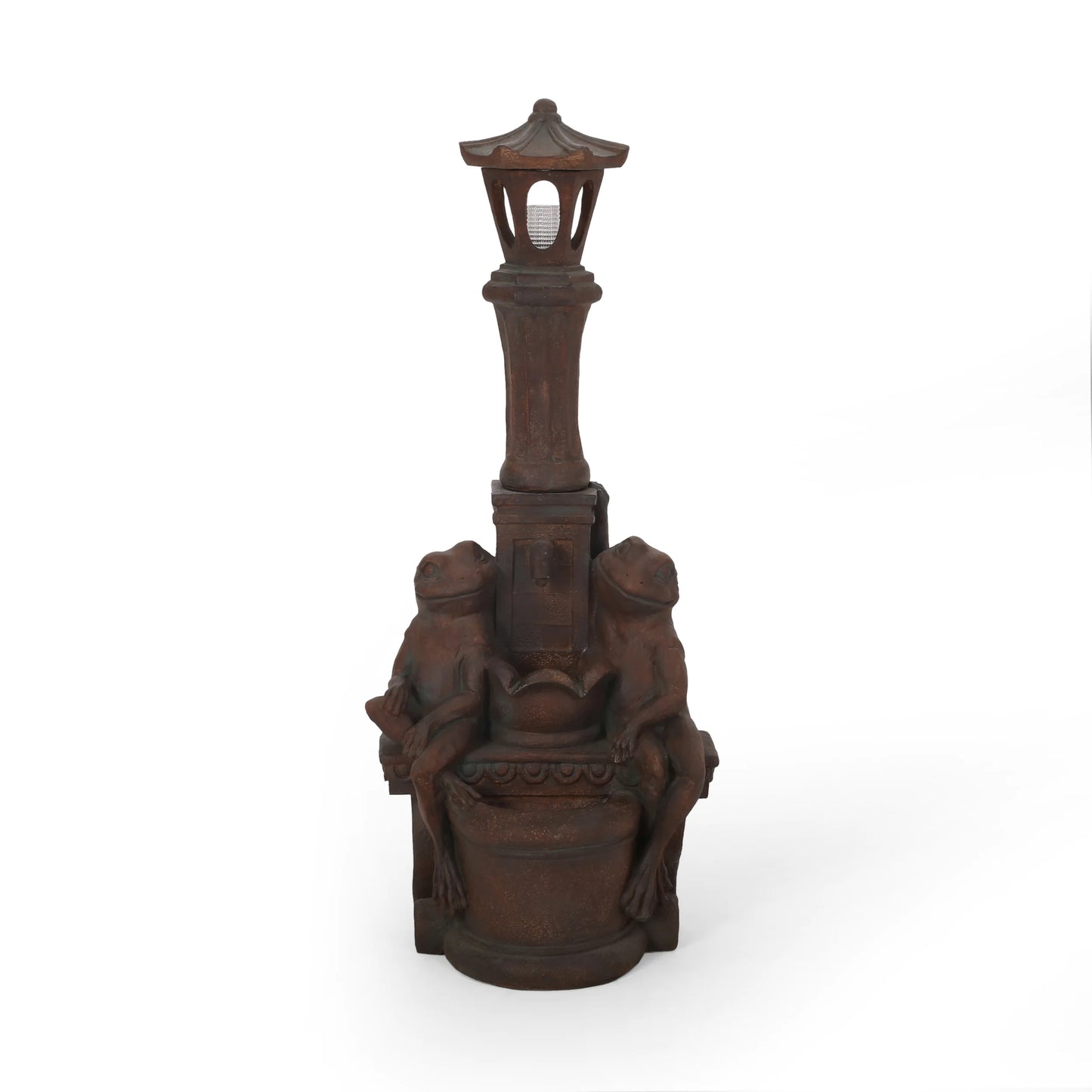 Coowa 37.25 Inch Outdoor Water Fountain with LED Lights, Faux Stone Two Tier Frog and Lamppost Design, Rustic Multi Brown, Weather Resistant for Garden and Patio