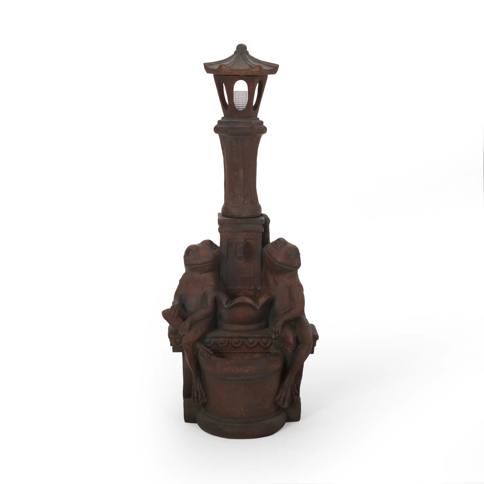Coowa 37.25 Inch Outdoor Water Fountain with LED Lights, Faux Stone Two Tier Frog and Lamppost Design, Rustic Multi Brown, Weather Resistant for Garden and Patio