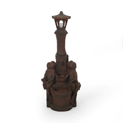 Coowa 37.25 Inch Outdoor Water Fountain with LED Lights, Faux Stone Two Tier Frog and Lamppost Design, Rustic Multi Brown, Weather Resistant for Garden and Patio