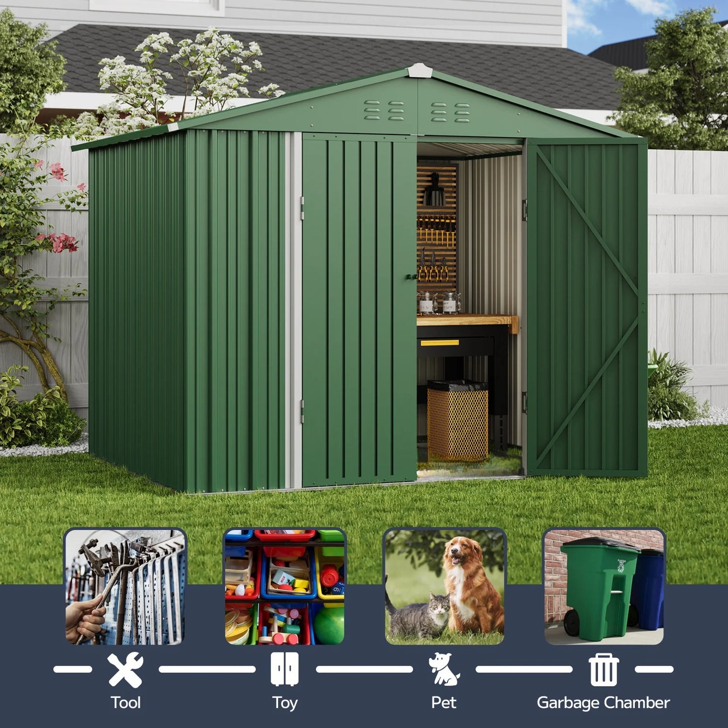 Asofer Outdoor Storage Shed 8 x 6 FT, Galvanized Metal Garden Shed with Double Lockable Doors for Backyard Patio Lawn-Green
