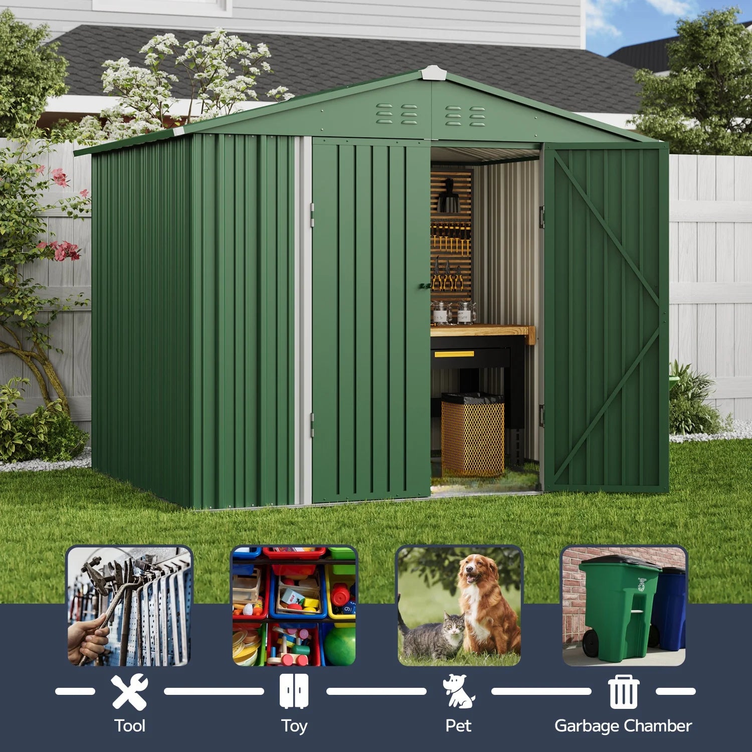 Asofer Outdoor Storage Shed 8 x 6 FT, Galvanized Metal Garden Shed with Double Lockable Doors for Backyard Patio Lawn-Green