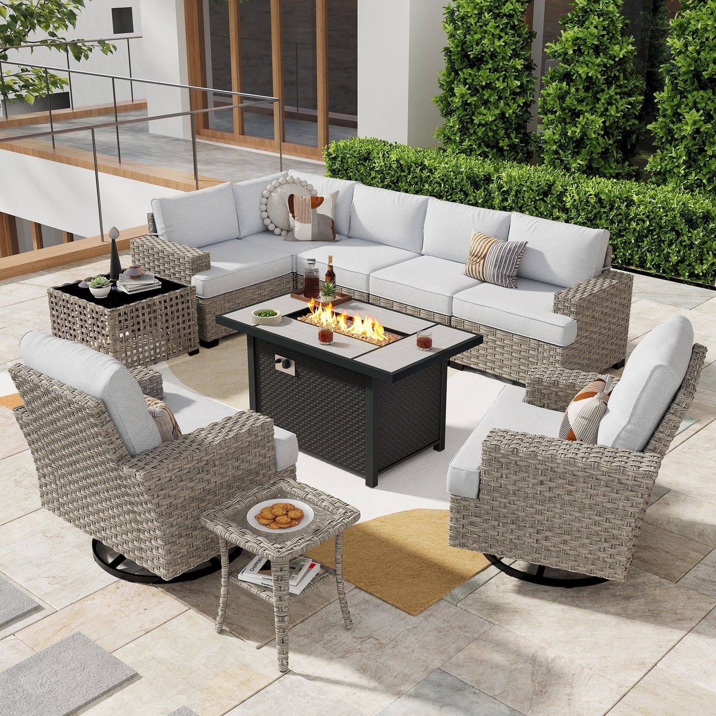 Ovios 10 Pieces Outdoor Patio Furniture Modern High-Back All-Weather Wicker Sectional Conversation Set with Propane Fire Pit Table & Swivel Chair, Dark Gray
