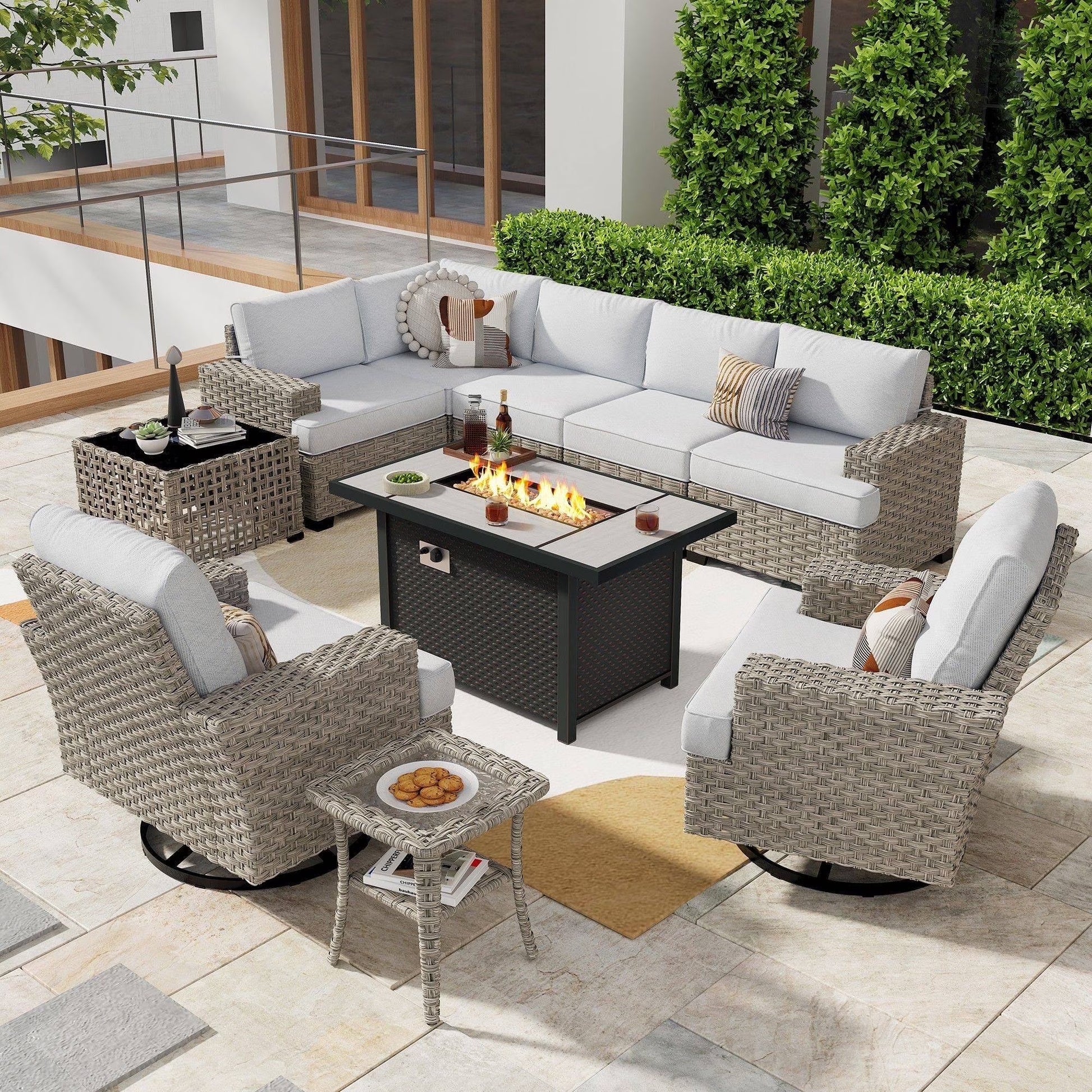 Ovios 10 Pieces Outdoor Patio Furniture Modern High-Back All-Weather Wicker Sectional Conversation Set with Propane Fire Pit Table & Swivel Chair, Dark Gray
