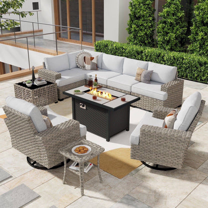 Ovios 10 Pieces Outdoor Patio Furniture Modern High-Back All-Weather Wicker Sectional Conversation Set with Propane Fire Pit Table & Swivel Chair, Dark Gray
