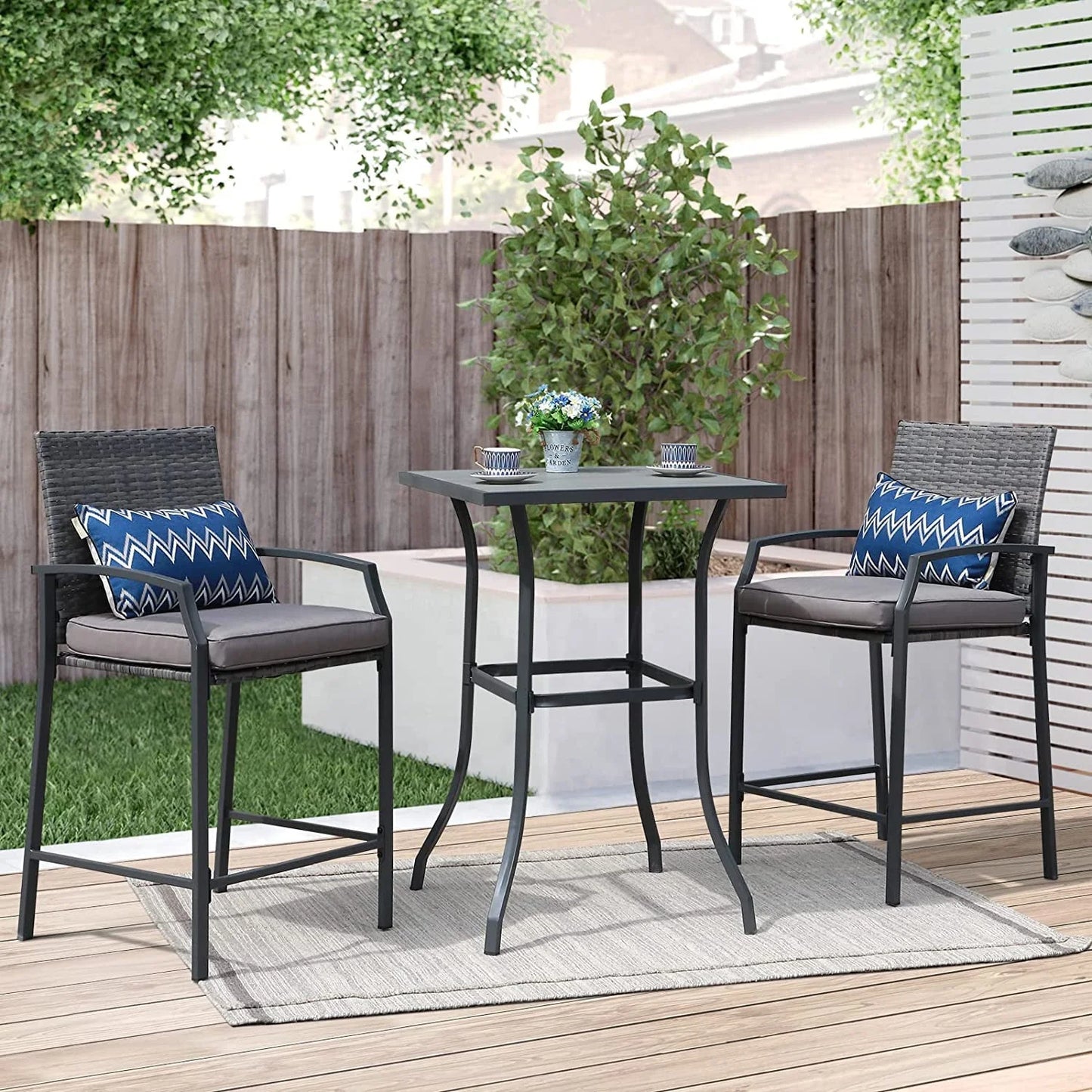 Patio Bar Set, 3 Piece Outdoor Wicker Bistro Set, All-weather Rattan Height Bar Stools with Cushions, Wood Top Bar Height Table Bistro Bar Set for 2 people, for Backyard, Patio, Pool, Garden