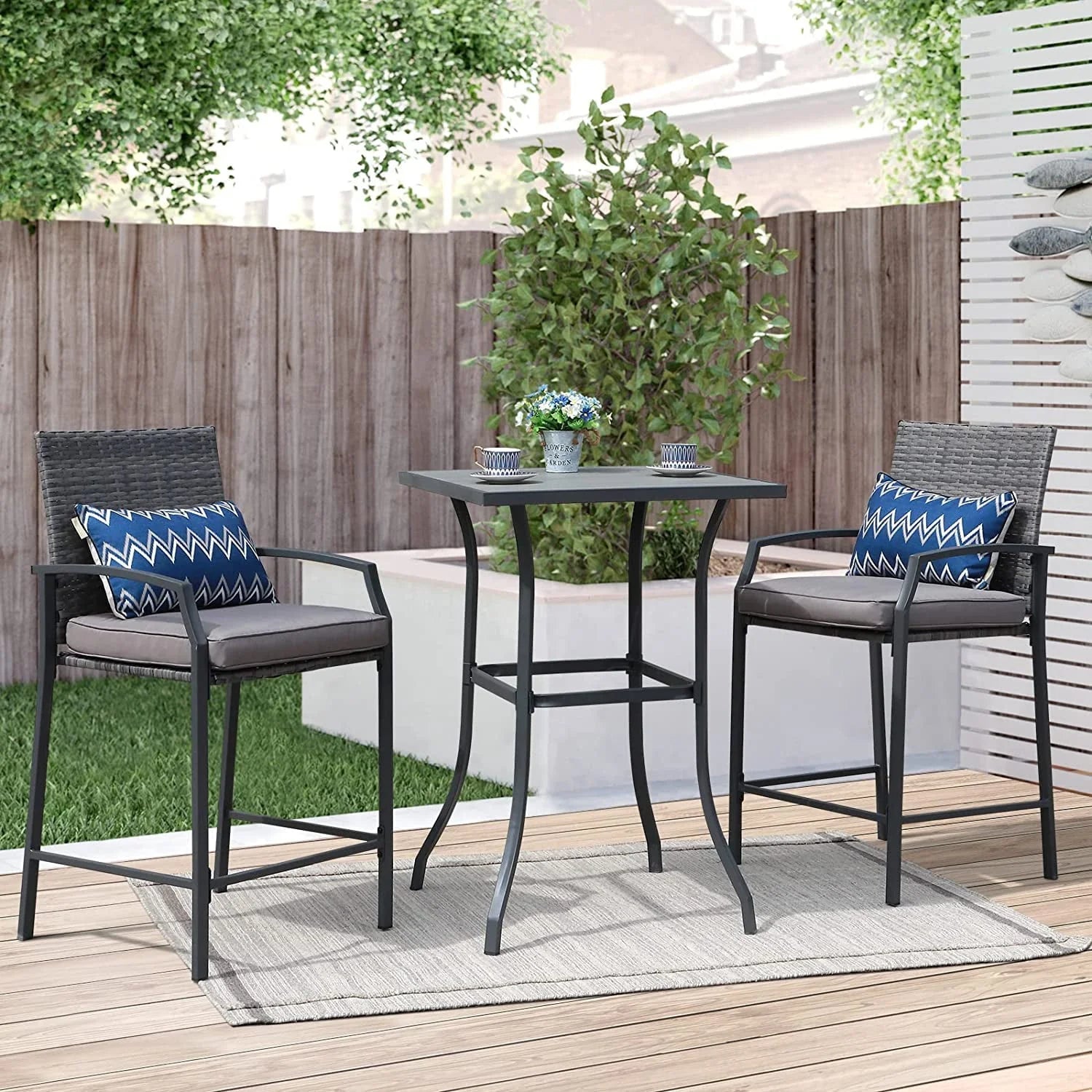 Patio Bar Set, 3 Piece Outdoor Wicker Bistro Set, All-weather Rattan Height Bar Stools with Cushions, Wood Top Bar Height Table Bistro Bar Set for 2 people, for Backyard, Patio, Pool, Garden