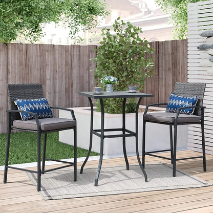 Patio Bar Set, 3 Piece Outdoor Wicker Bistro Set, All-weather Rattan Height Bar Stools with Cushions, Wood Top Bar Height Table Bistro Bar Set for 2 people, for Backyard, Patio, Pool, Garden