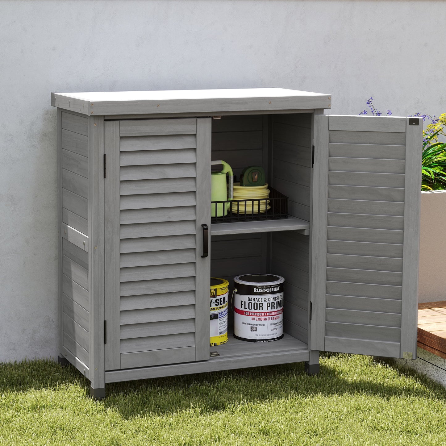 Witaxima Outdoor Potting Bench with Storage Cabinet & Metal Table Top, 31x17x36 Inch Grey Garden Workstation, Solid Wood Durable Patio Furniture for Gardening Tools