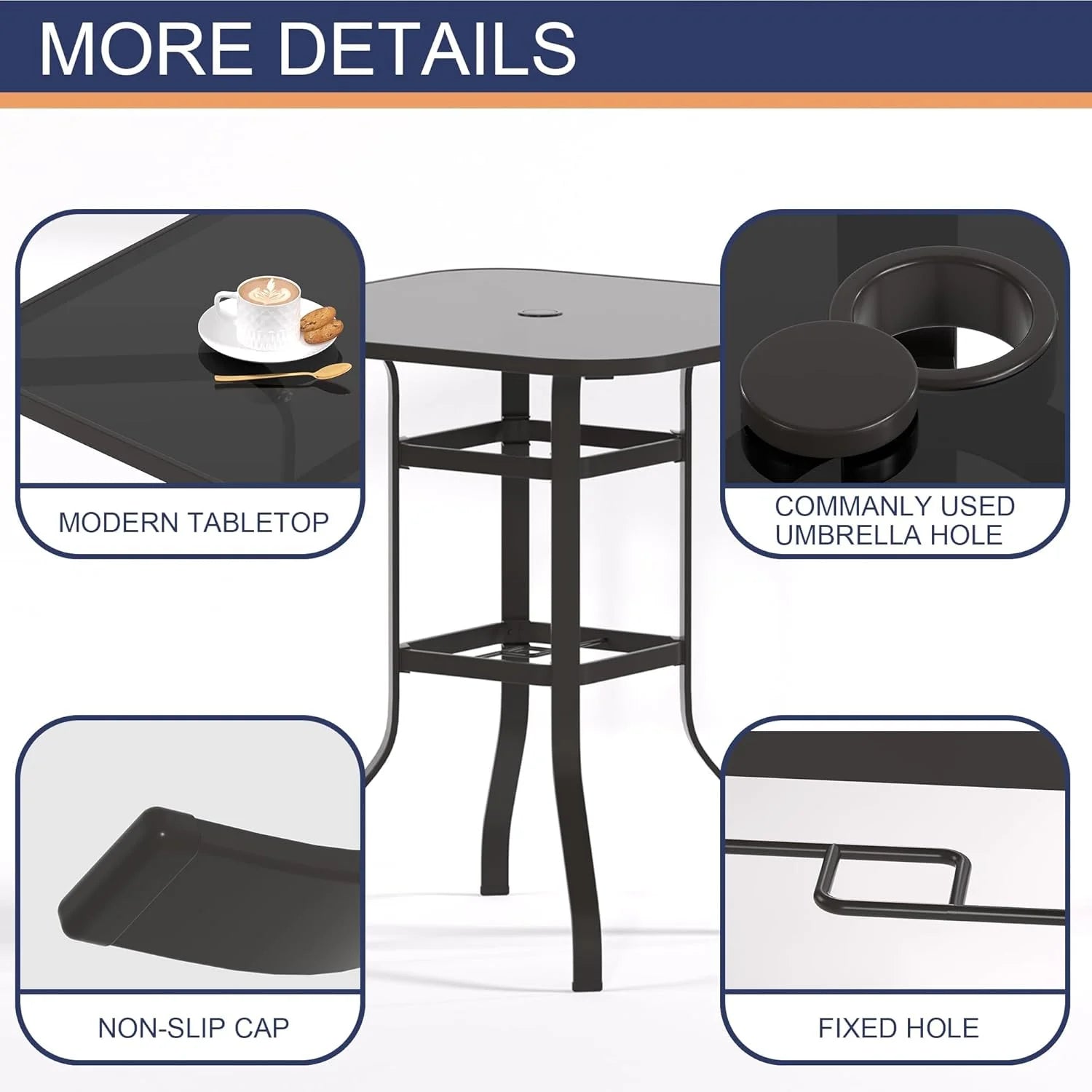 Poteban Patio Bar Height Table with Umbrella Hole, 2-Tier High Top Outdoor Bistro Table, Square Tempered Glass Metal Table for Patio, Lawn, Bar