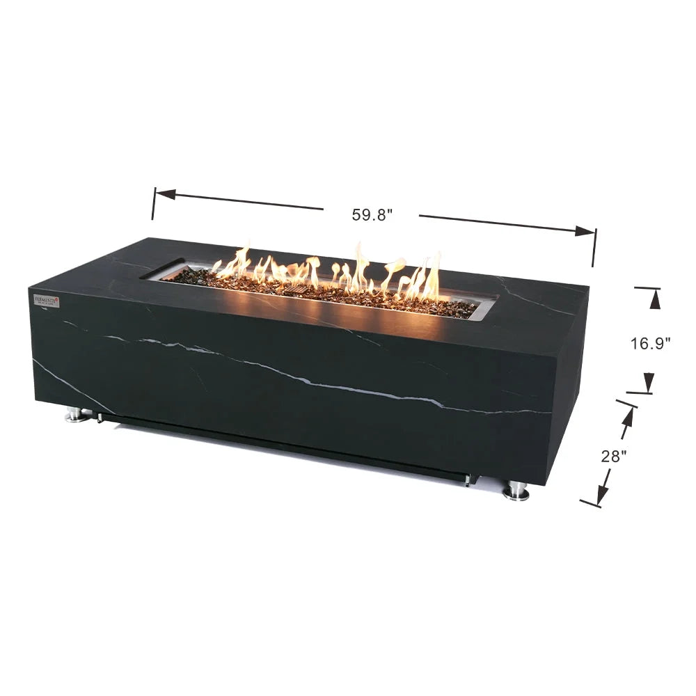 Elementi Plus Varna Propane Fire Pit for Outside Outdoor Fire Pit Table Smokeless Firepit Marble Porcelain Rectangular Fire Table Patio Heater Fireplace 60000 BTUs - Bulgaria Black, 59.8 x 28 Inches