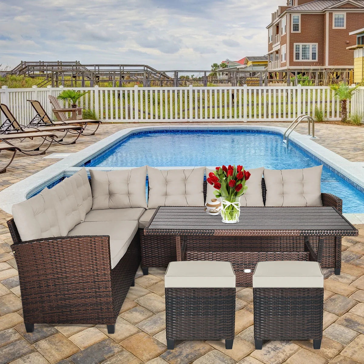 Gymax Set of 2 Patio Rattan Ottoman Footrest Garden Outdoor w/Brown Cushion