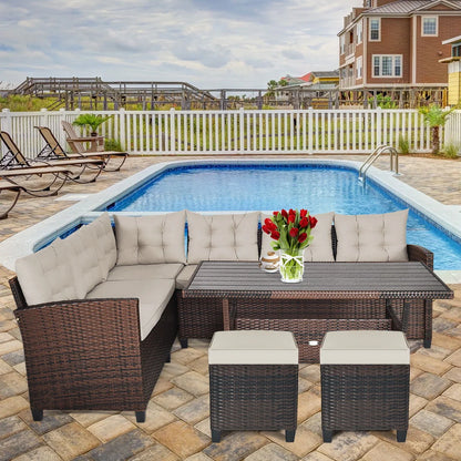 Gymax Set of 2 Patio Rattan Ottoman Footrest Garden Outdoor w/Brown Cushion