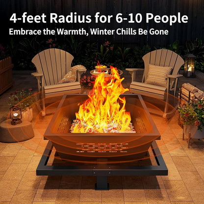 Auhilence large fire pit, 43" Square Outdoor Wood Burning Fire pit with Pocker, Hight Quality Outdoor Fire Pit for Camping, Backyard, Patio, Black