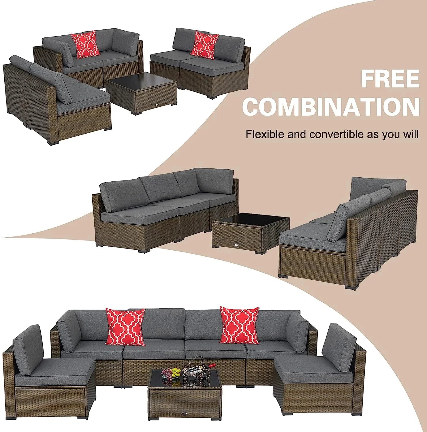 Kinbor 7Pcs Outdoor Patio PE Rattan Wicker Sofa Sectional Furniture Set with Cushion, Gray