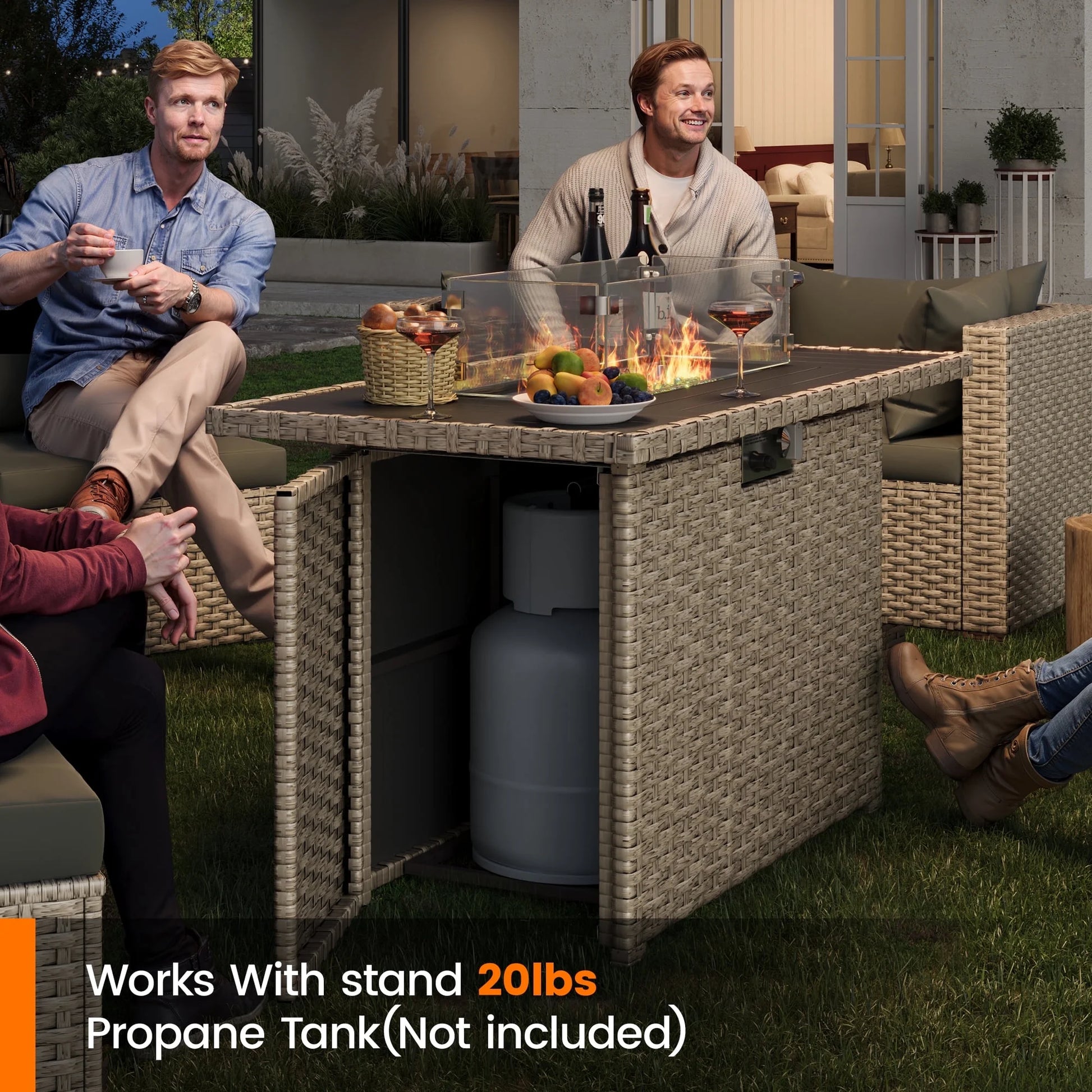 MRUAKA 8 Pieces Patio Furniture Set with Fire Pit Table, Outdoor Furniture Sectional Rattan Sofa with Slanted Back, Patio Couch with Glass Coffee Table for Backyard Garden (Dark Grey)