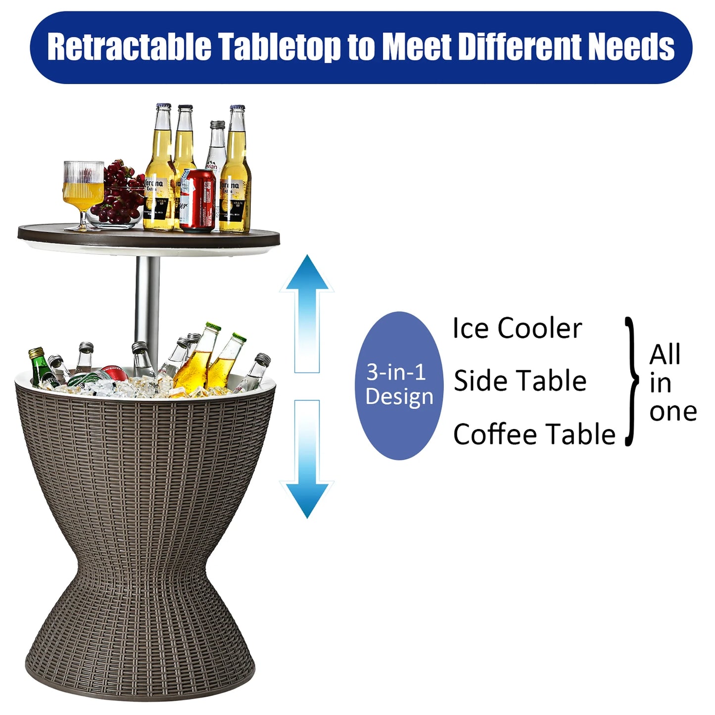 Costway 8 Gallon 3 in 1 Patio Rattan Cooler Bar Table Adjust Ice Bucket Brown