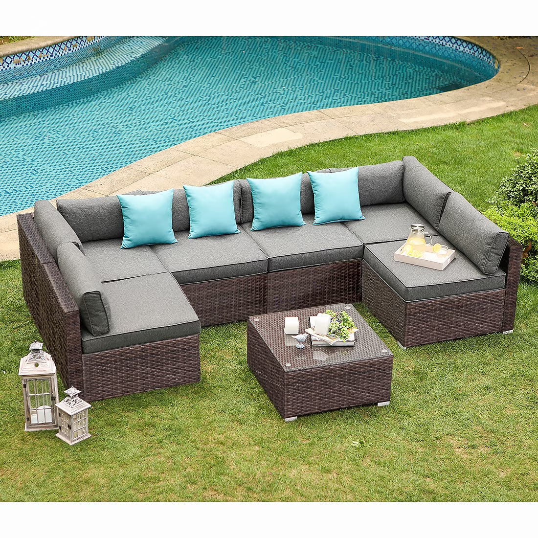COSIEST 7-Piece 6-Seats Outdoor Brown Wicker Patio Sectional Sofa Set with Coffee Table