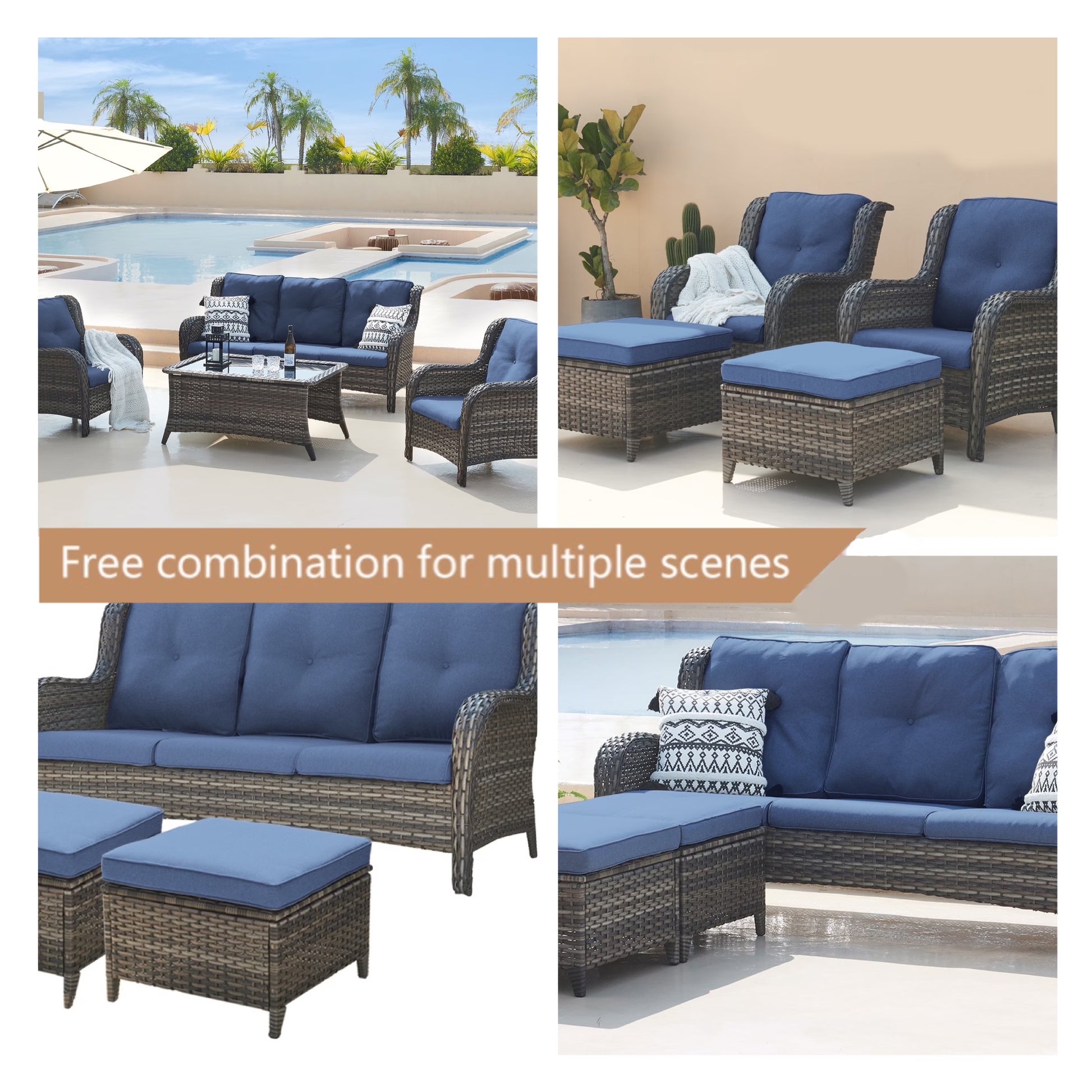 Pocassy 5-Piece Patio Furniture Set with Ottomans Brown/Beige