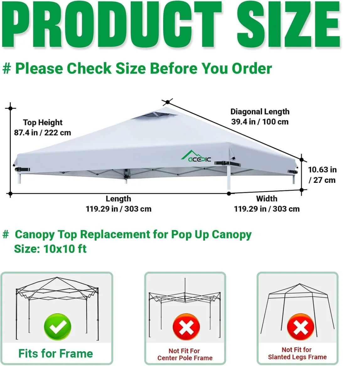 10x10 Canopy Replacement Top with Air Vent, Waterproof Canopy Cover, UV Protection Tent Roof for Outdoor Patio Events, Fits Straight Leg Frames(Only includes the top cloth, not the frame.white)