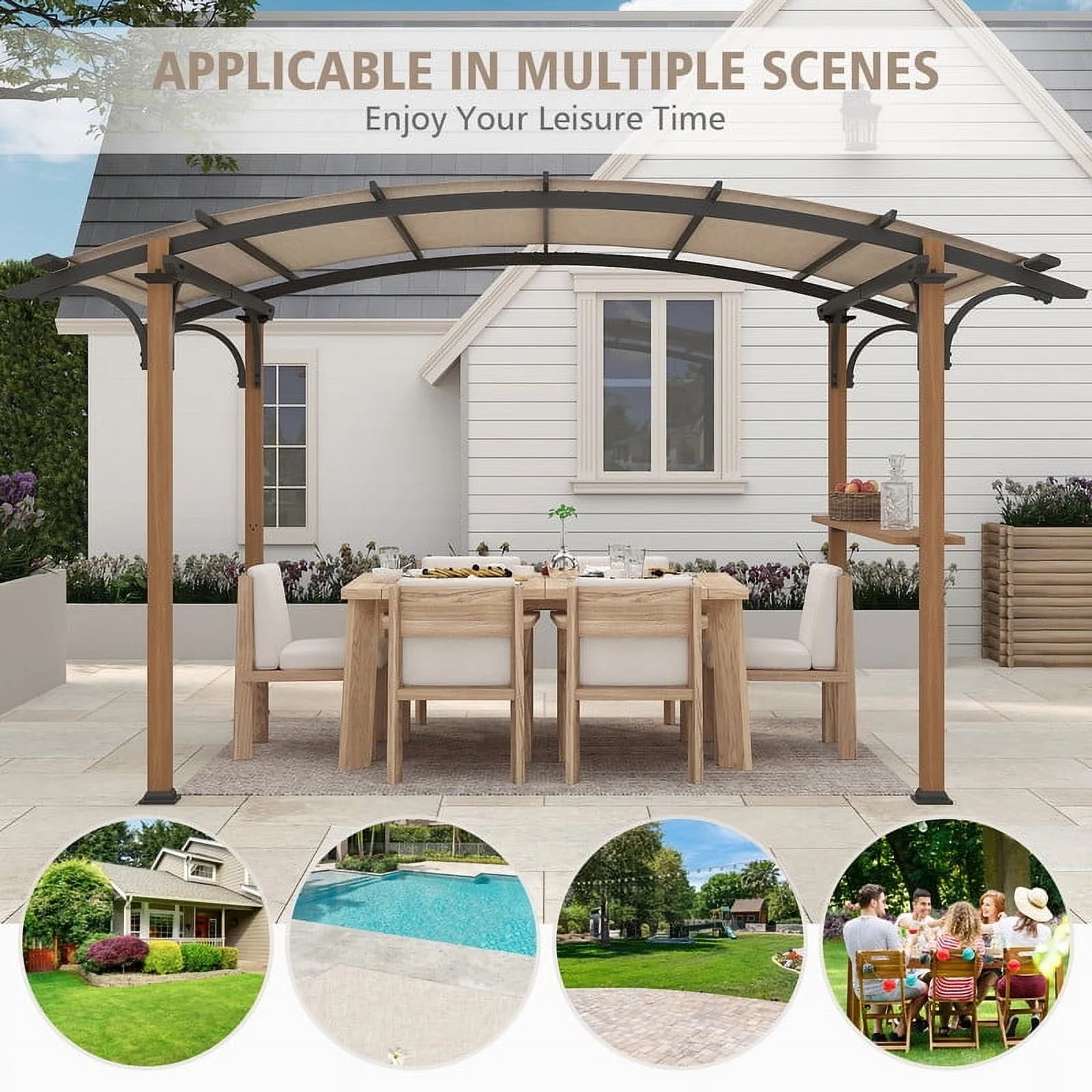GAZEBETER 8.5 ft x 13 ft Outdoor Pergola with Arched Canopy,Natural Wood Looking Finish and Tan Shade for Backyard,Garden,Patio,Barbecue,Beige