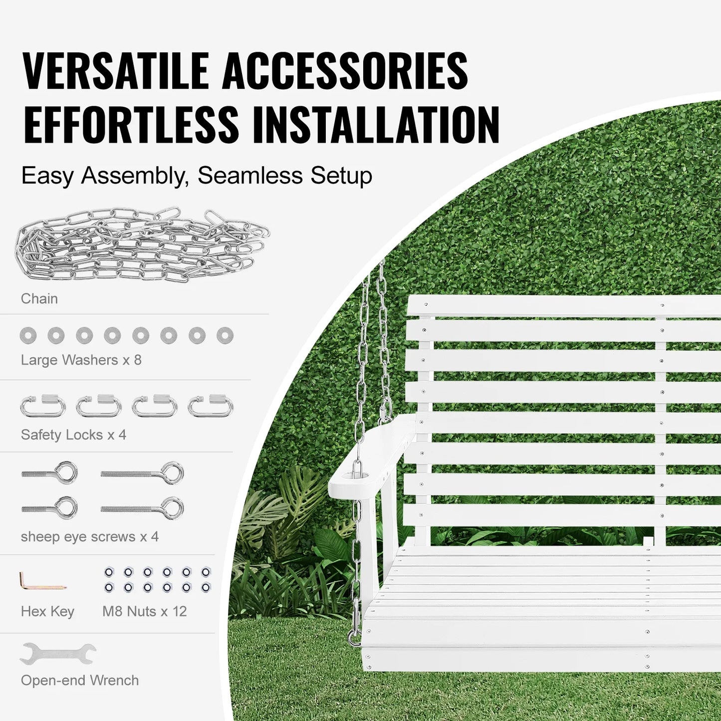 KFFKFF 48 Inch Wooden Bench Porch Swing Outdoor Garden Patio White