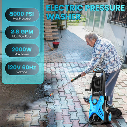 5000 Psi Electric Pressure Washer, 2.8 Gpm Power Washer with 33FT Extension Hose Reel, Pressure Adjustable (2500PSI-5000PSI), 4 Quick Connect Nozzles and Foam Cannon for Car/Fence/Patio(Blue)
