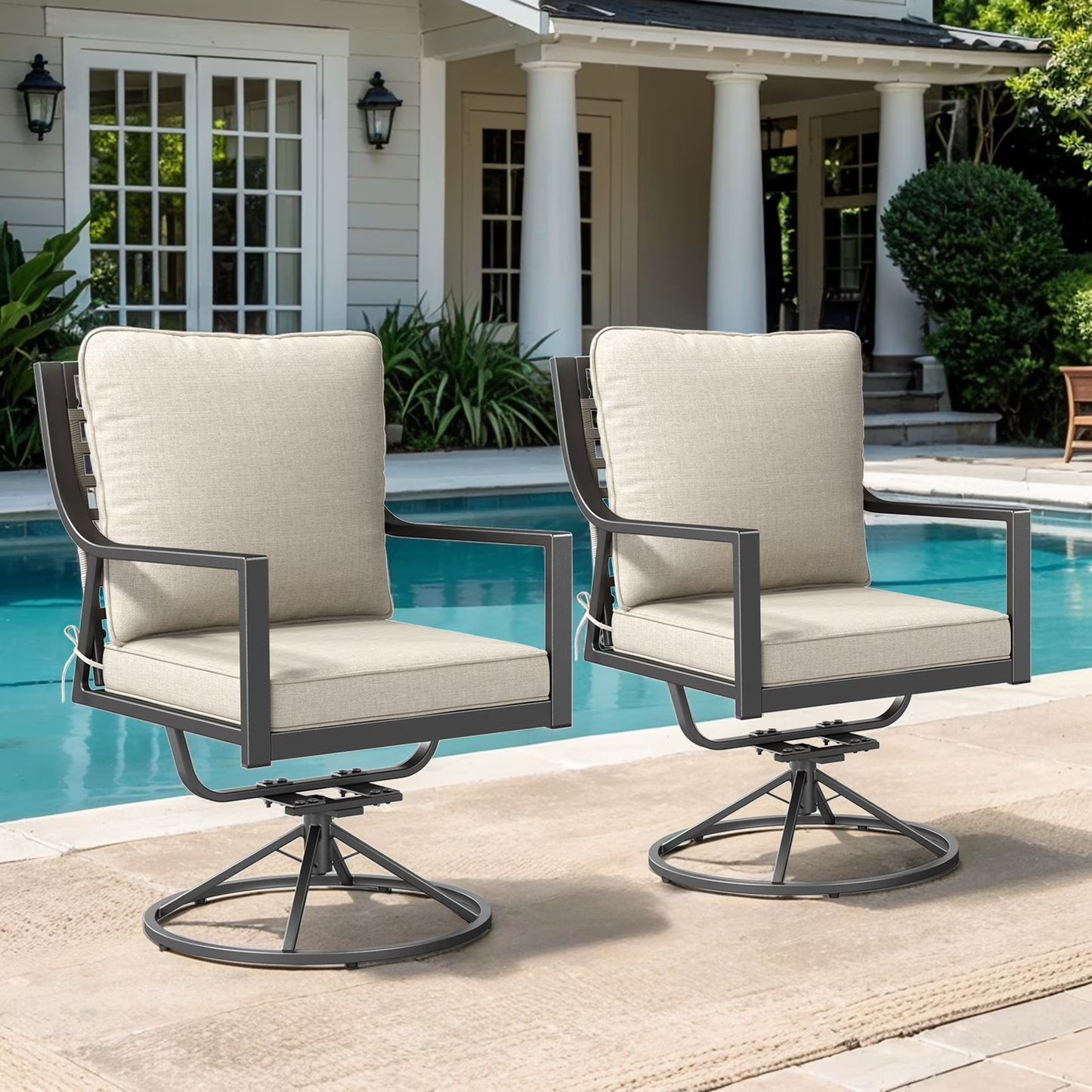 OPOHORO Swivel Rocker Patio Chairs Set of 4, Outdoor PE Wicker Dining Chairs with Beige Olefin Cushions and Gray Metal Frame, 360° Swivel & Rocking Motion for Garden Deck Porch