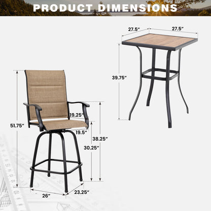 Summit Living 3-Piece Outdoor Patio Bar Stool Bistro Set, 1 Metal Bar Table and 2 Padded Bar Stool, Black & Brown