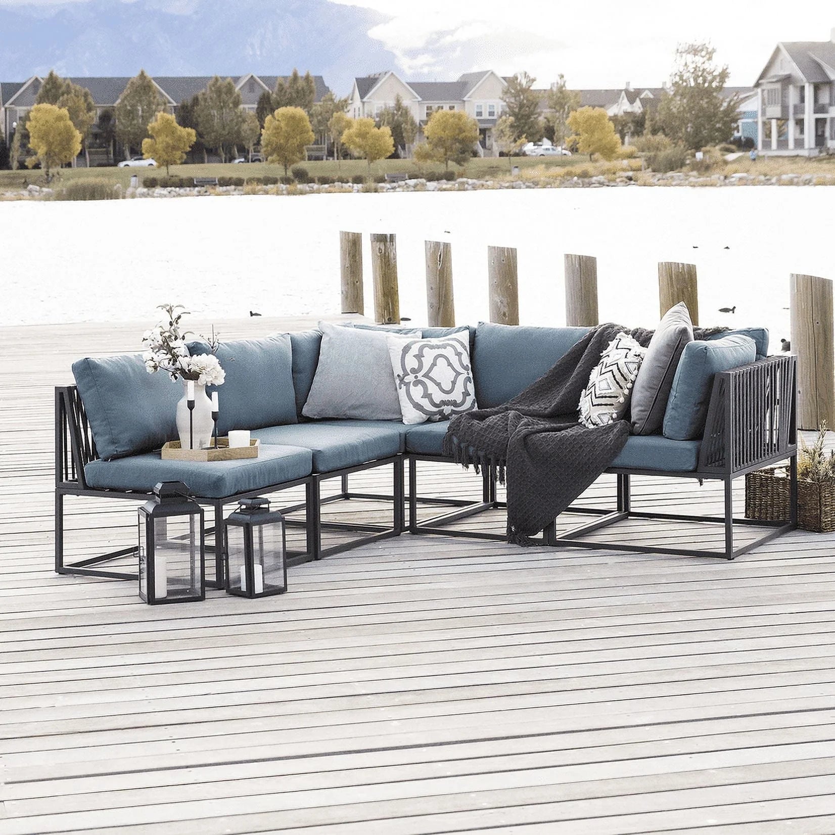 Manor Park 5 Pc Outdoor Patio Sectional Set, Blue/Black Metal Cushion