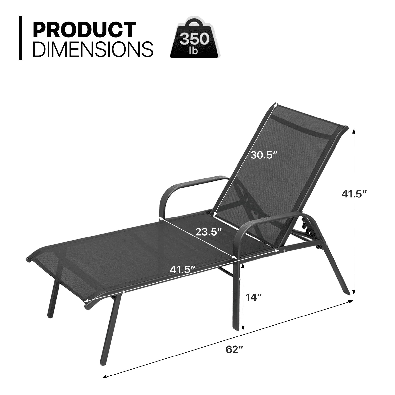 MoNiBloom 2Pcs Outdoor Patio Lounge Chairs with Adjustable Backrest, Pool Recliner Lounge Chaise with Armrest for Beach Backyard Garden, Black